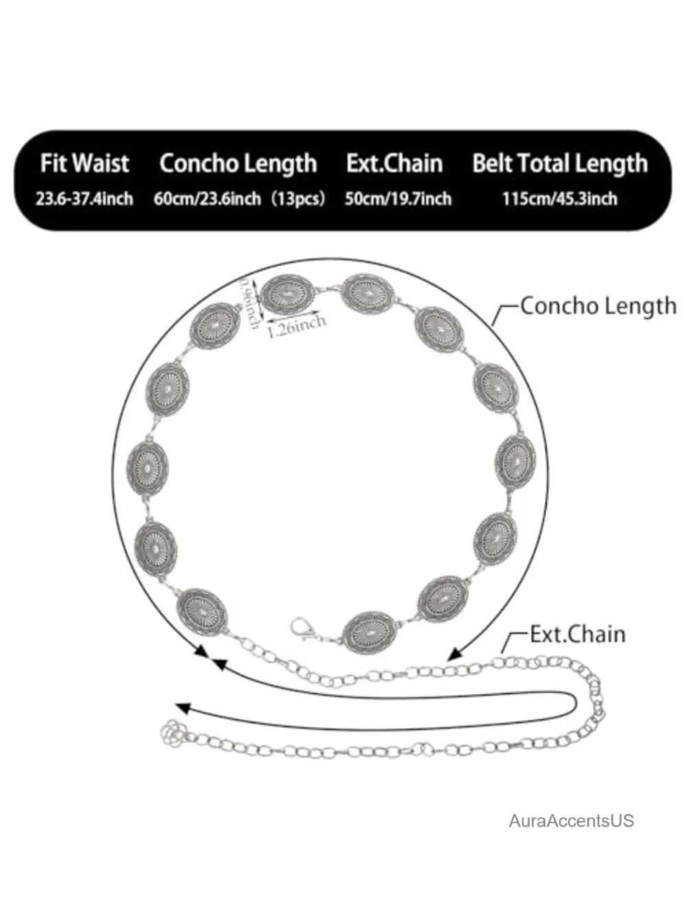 Western Concho Chain Belt for Women Cowgirl Metal Waist Belt